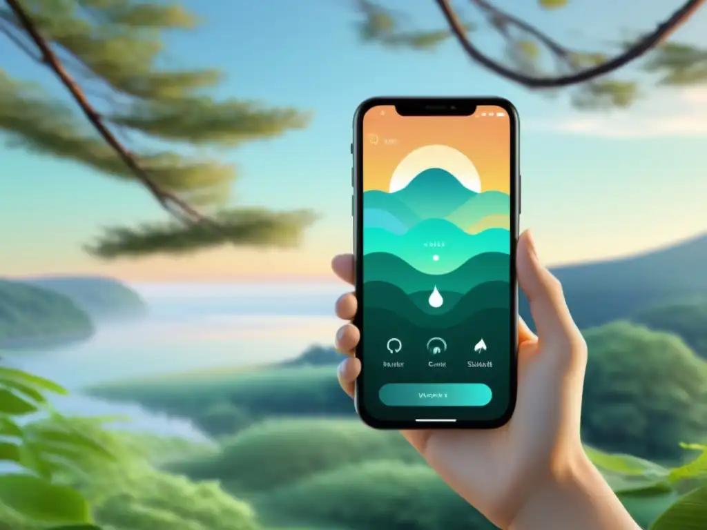Interfaz de app de respiración serena y moderna para vida conectada, con colores suaves y diseño intuitivo, en escena natural tranquilizadora