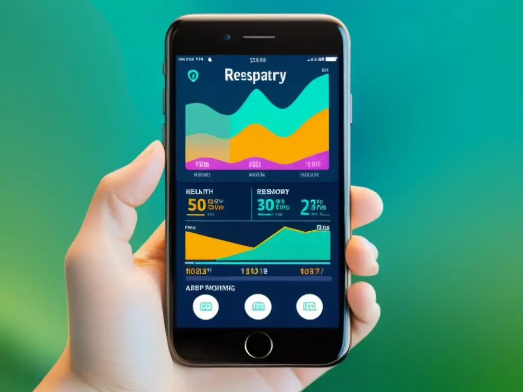 Interfaz de app de salud respiratoria innovadora con colores vivos y navegación intuitiva en pantalla de smartphone moderno