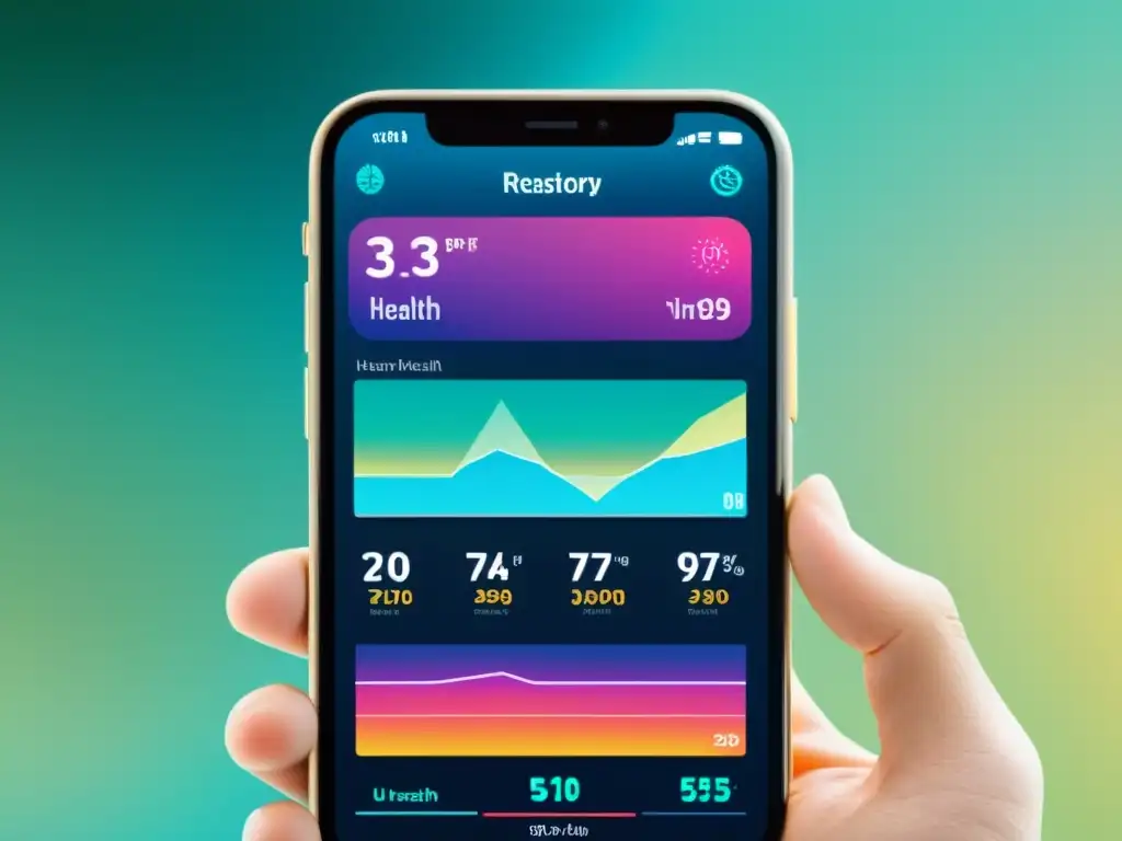 Interfaz de app de salud respiratoria moderna con gráficos vibrantes y mediciones en tiempo real