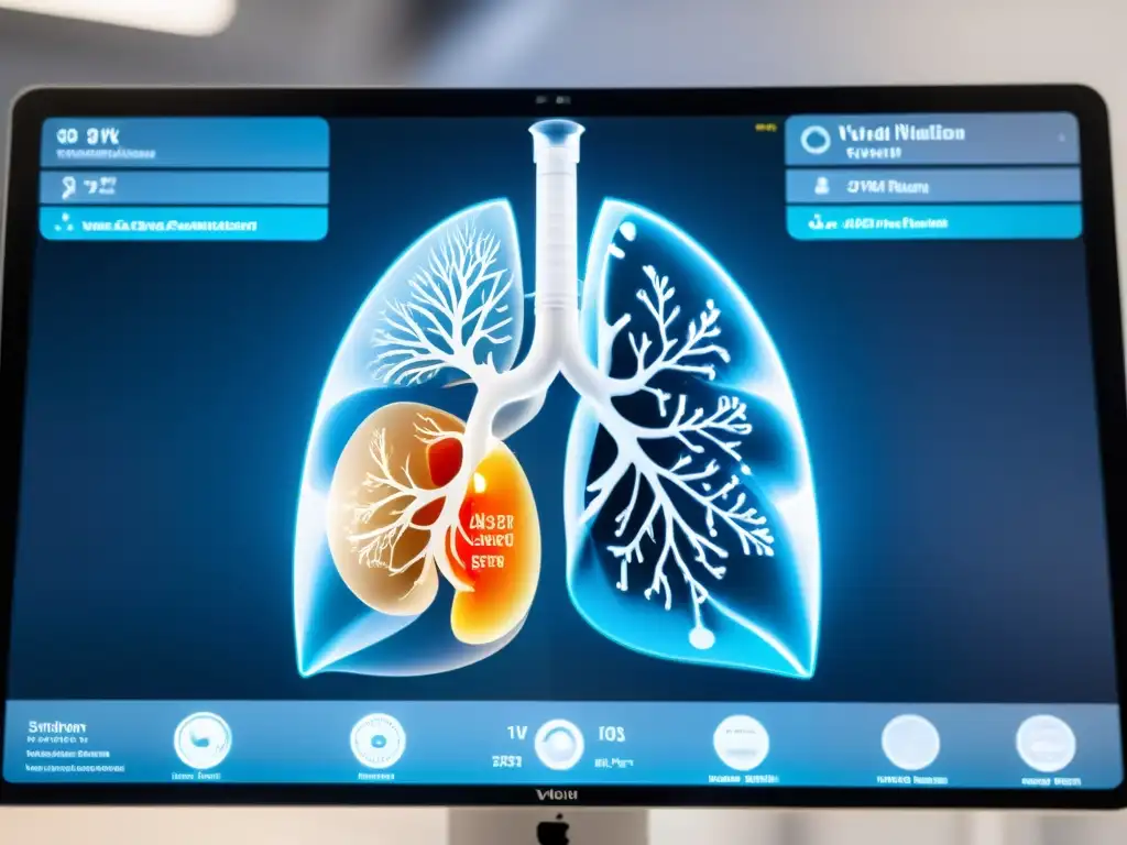 Interfaz futurista de software de ventilación virtual para EPOC con modelos detallados de pulmones 3D y datos en tiempo real