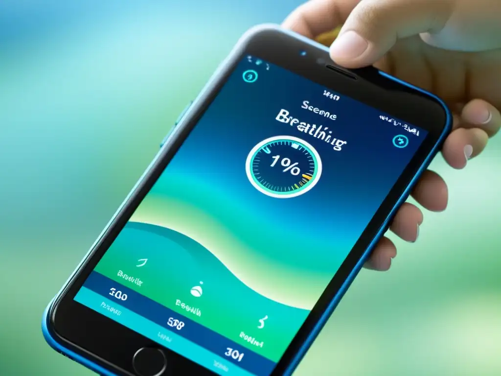 Interfaz serena de app de ejercicios de respiración en smartphone, destacando la enseñanza de técnicas personalizables