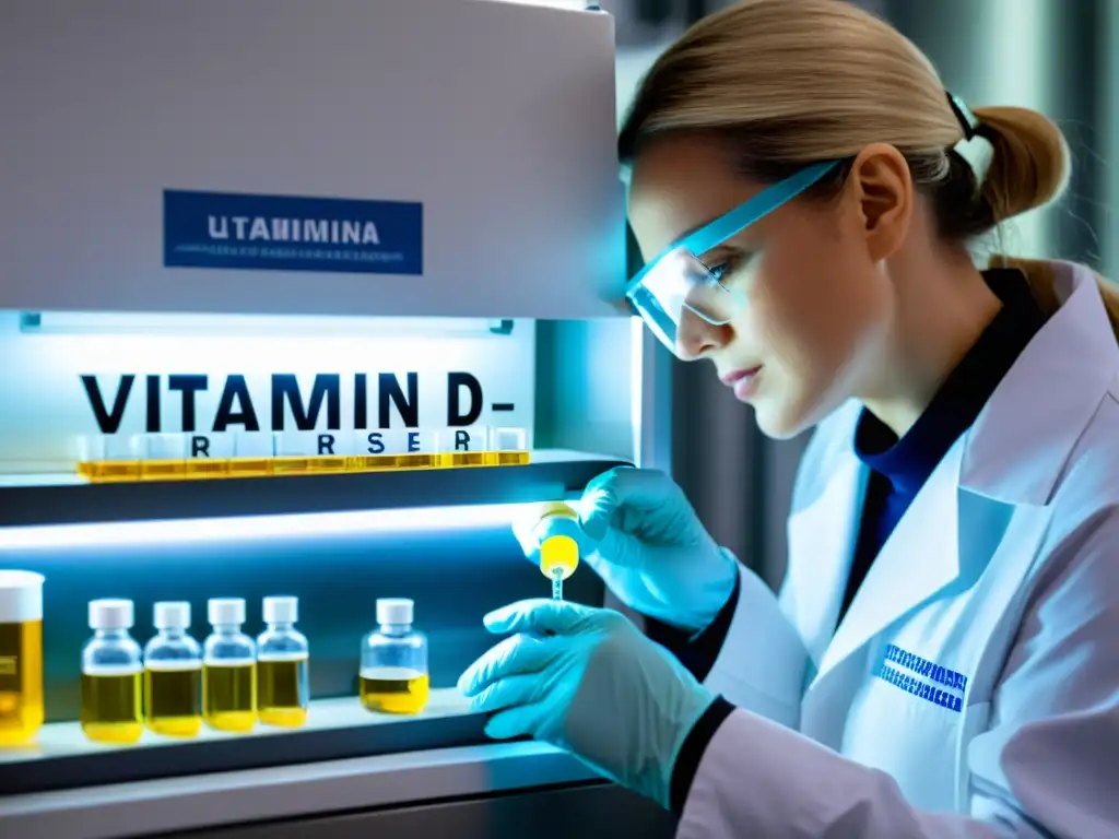 Un investigador extrae con precisión una vial de vitamina D en un laboratorio clínico, resaltando la importancia de la vitamina D en la salud pulmonar