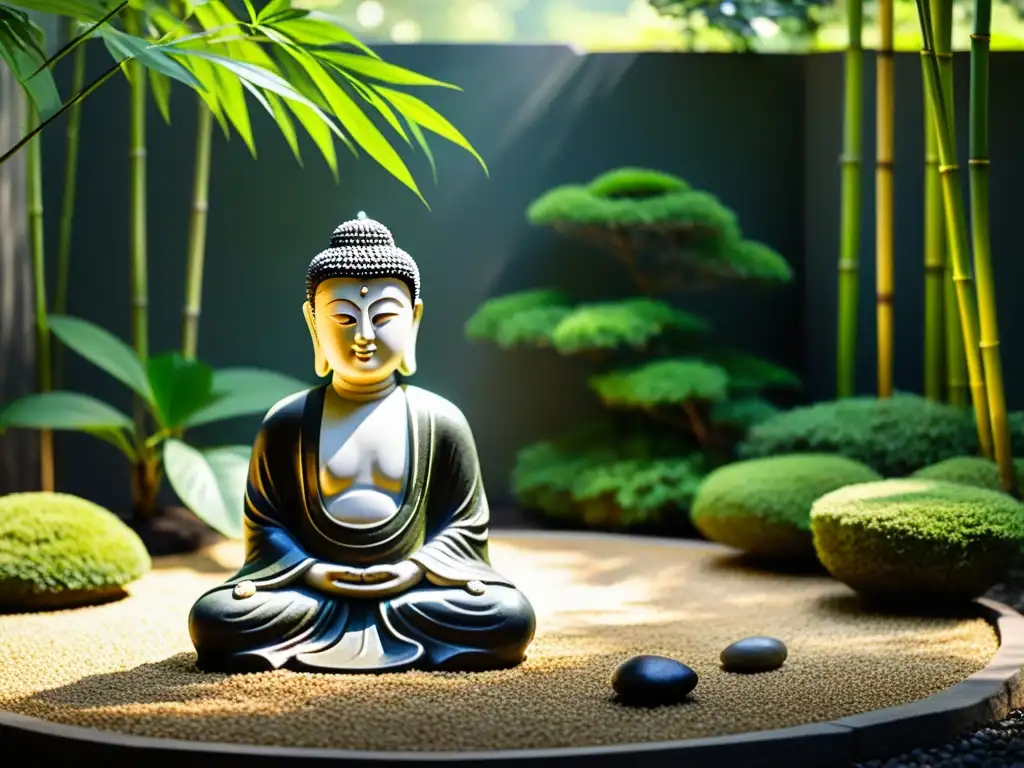 Jardín zen japonés con rocas, bambú y estatua de Buda, transmitiendo la serena respiración en Budismo Zen