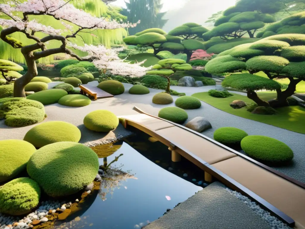 Jardín japonés sereno con arroyo, árboles de cerezo en flor y un espacio para la respiración consciente para superar estrés en Japón