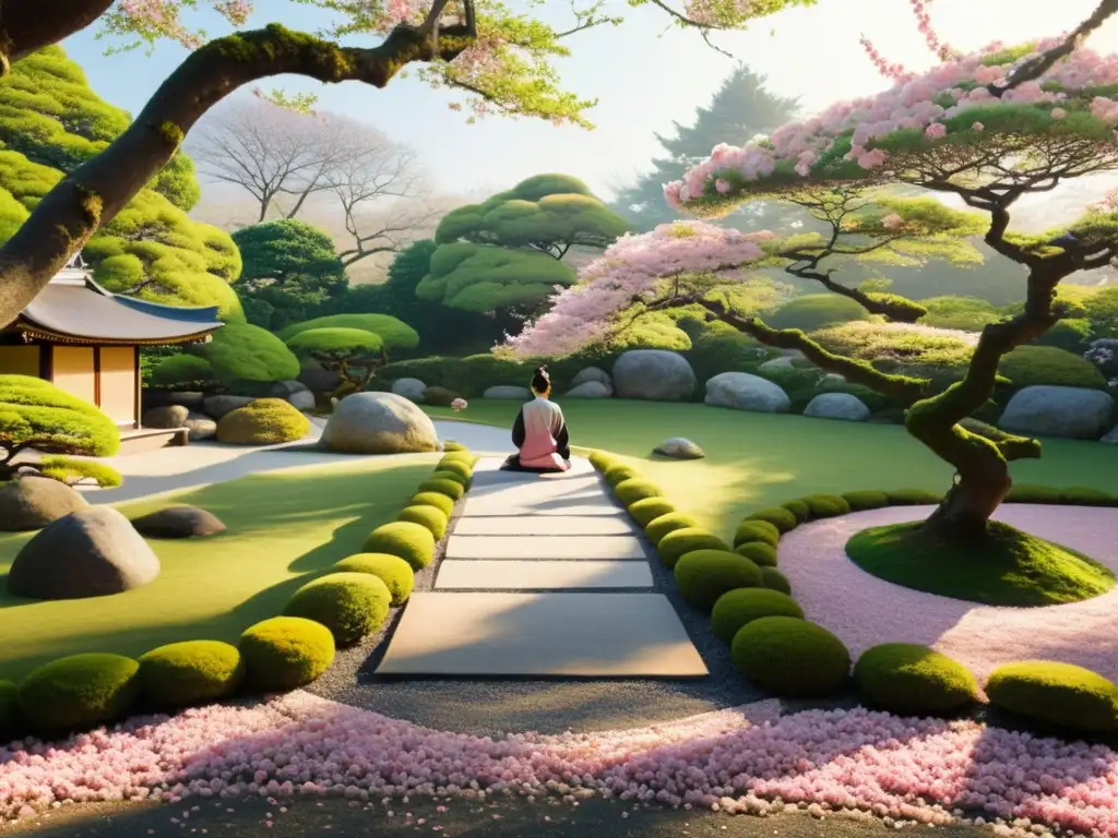 Un jardín japonés sereno con un camino de piedra hacia una sala de meditación Zen