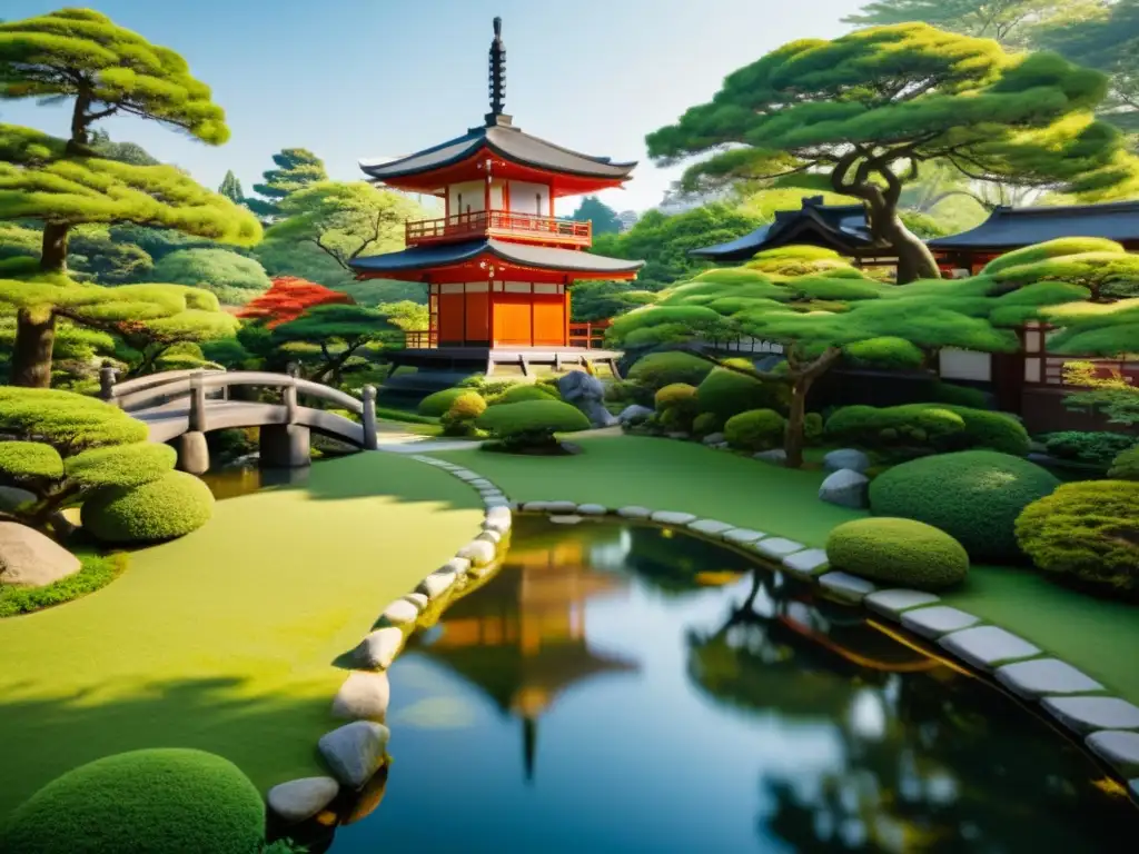 Un jardín japonés sereno con exuberante vegetación, un estanque tranquilo y una pagoda tradicional al fondo