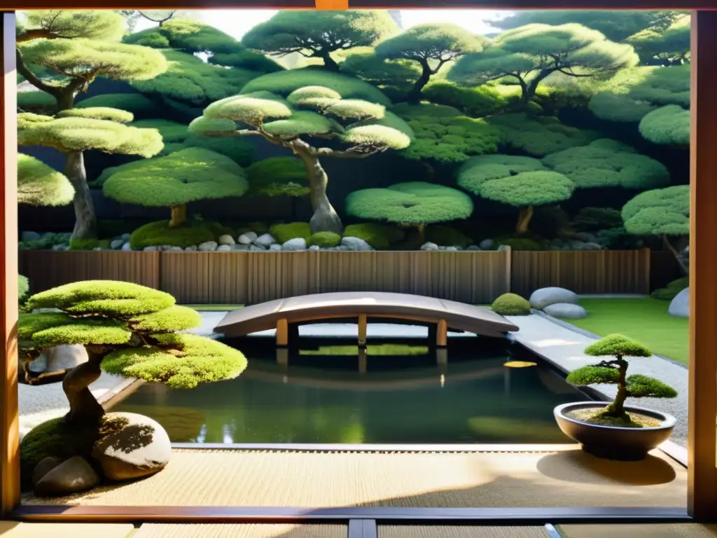 Un jardín japonés sereno con un puente sobre un estanque tranquilo, árboles bonsái y una estructura de madera tradicional