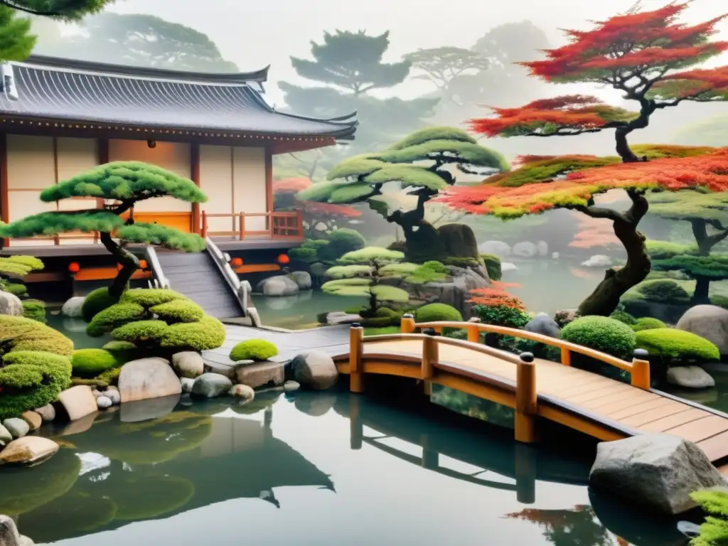 Jardín japonés tranquilo con bonsáis, estanque de peces koi, puente de madera y pagoda