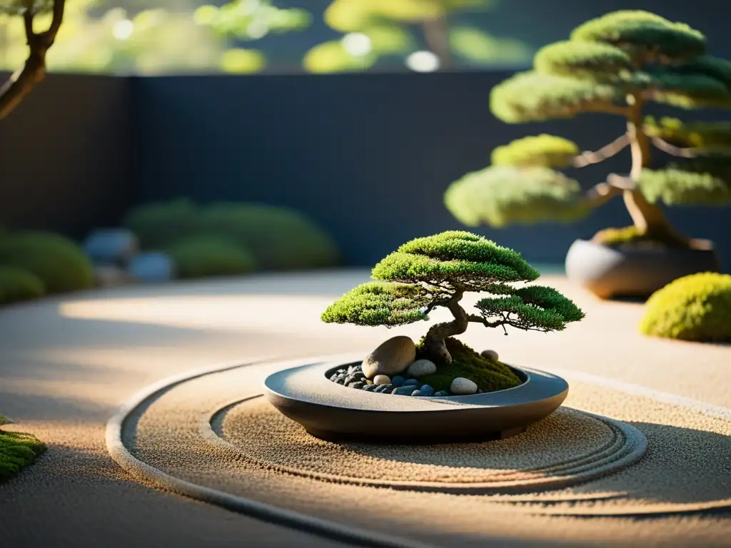 Un jardín Zen japonés tranquilo y minimalista con rocas cubiertas de musgo y un pequeño árbol bonsái