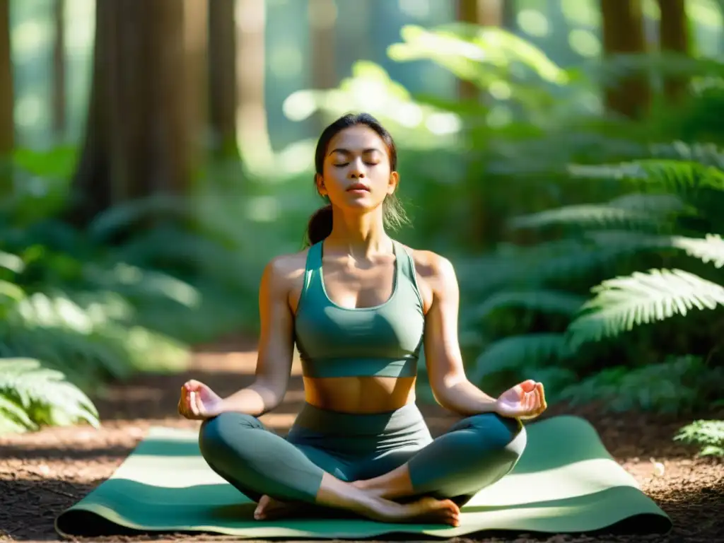 Joven practicando respiración purificadora en el bosque, transmitiendo paz y salud respiratoria