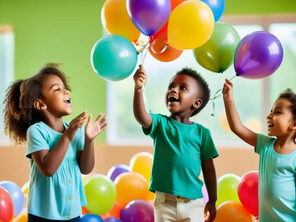 Juegos para promover una respiración saludable: niños jugando con globos de colores, promoviendo la salud respiratoria con alegría y entusiasmo