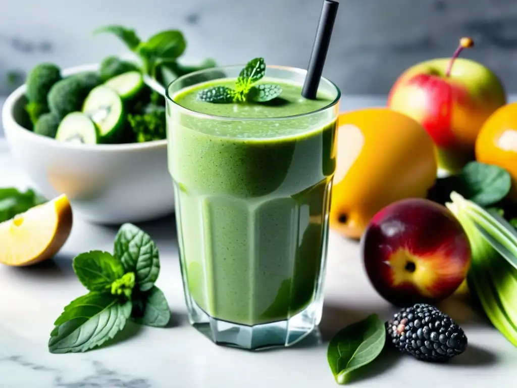 Jugos y smoothies para oxigenación: un vibrante smoothie verde con menta y frutas frescas en un elegante mostrador de mármol