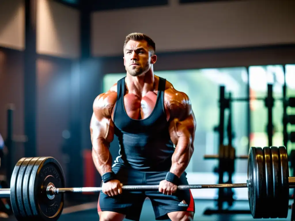 Un levantador de pesas en el gimnasio, con expresión concentrada y sudor en el rostro, levantando una barra cargada de pesas