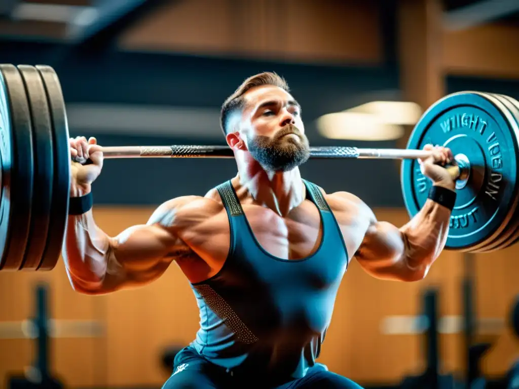 Un levantador de pesas practica la respiración diafragmática, mostrando control y técnica en el gimnasio