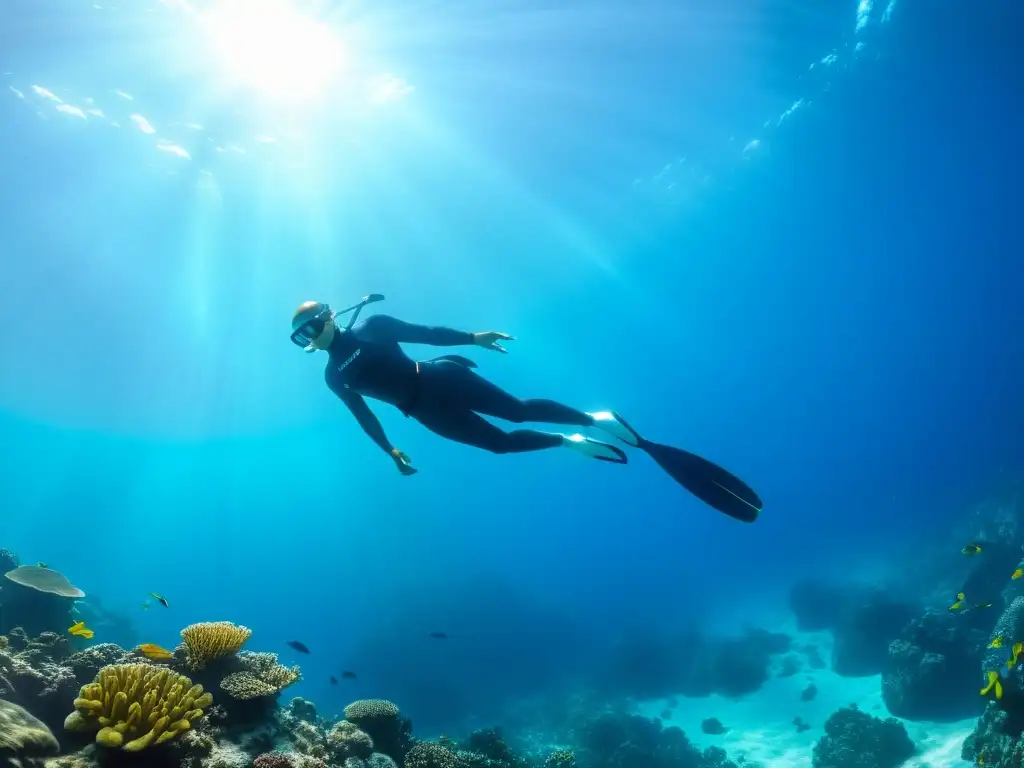 Un liberador buceo a pulmón, surcando aguas azules, rodeado de vida marina y arrecifes vibrantes