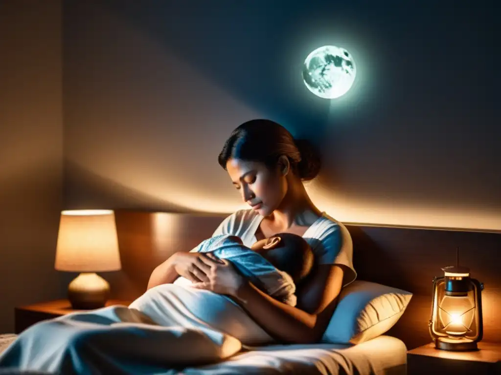 Una madre y su bebé duermen plácidamente juntos en una habitación minimalista, con la luz suave de la luna iluminando la escena