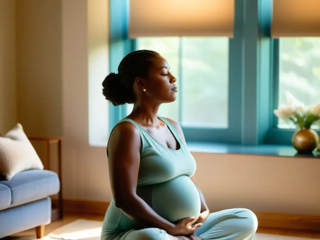 Una madre embarazada practica ejercicios de respiración profunda en compañía de su partera y doula, en un ambiente tranquilo y lleno de determinación