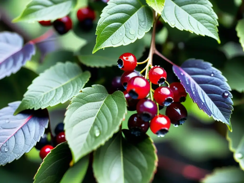 Berries maduras con hojas verdes exuberantes