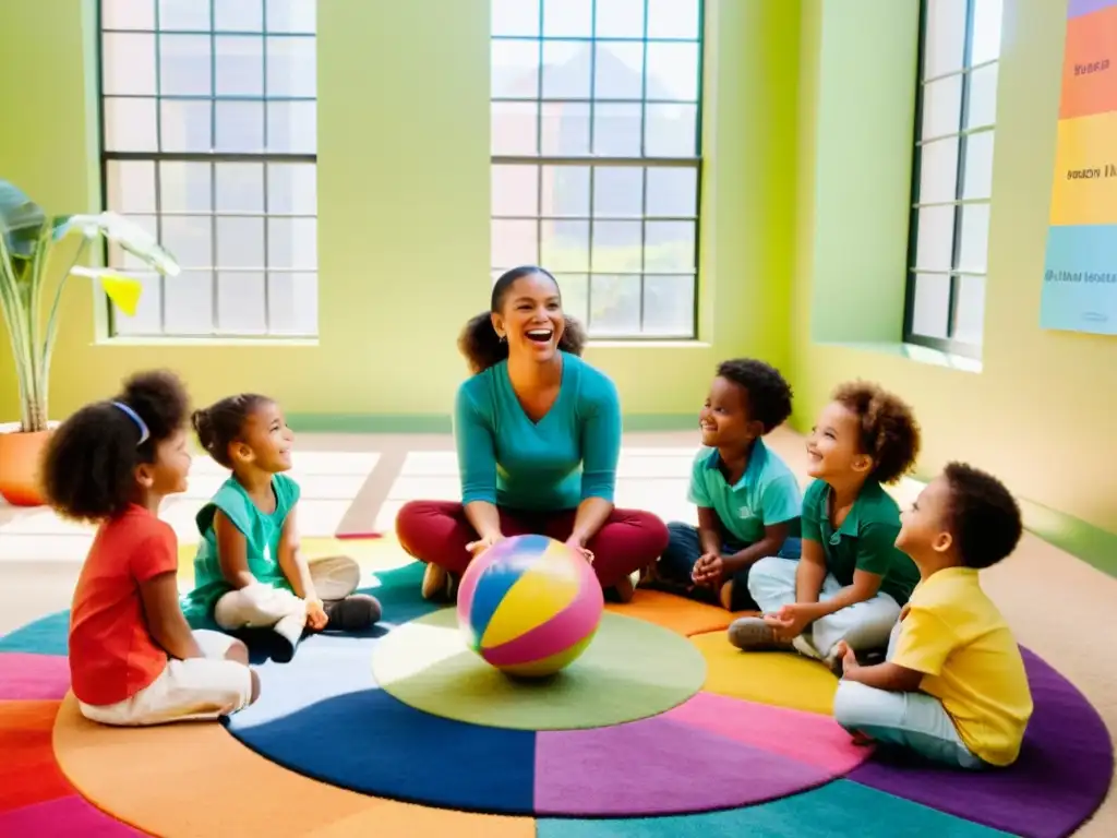 Maestra enseñando ejercicios de respiración alegremente a niños en círculo, resaltando la importancia de educación respiratoria preescolar