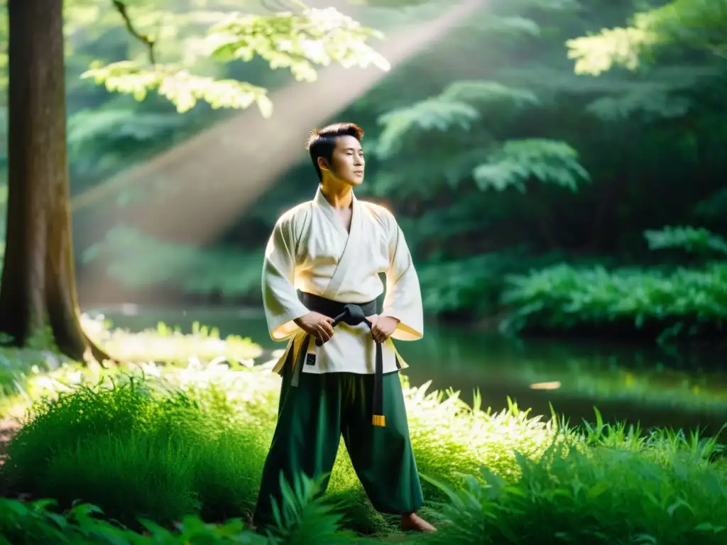 Un maestro de artes marciales en armonía con la naturaleza, demostrando técnicas de respiración en artes marciales en un claro del bosque