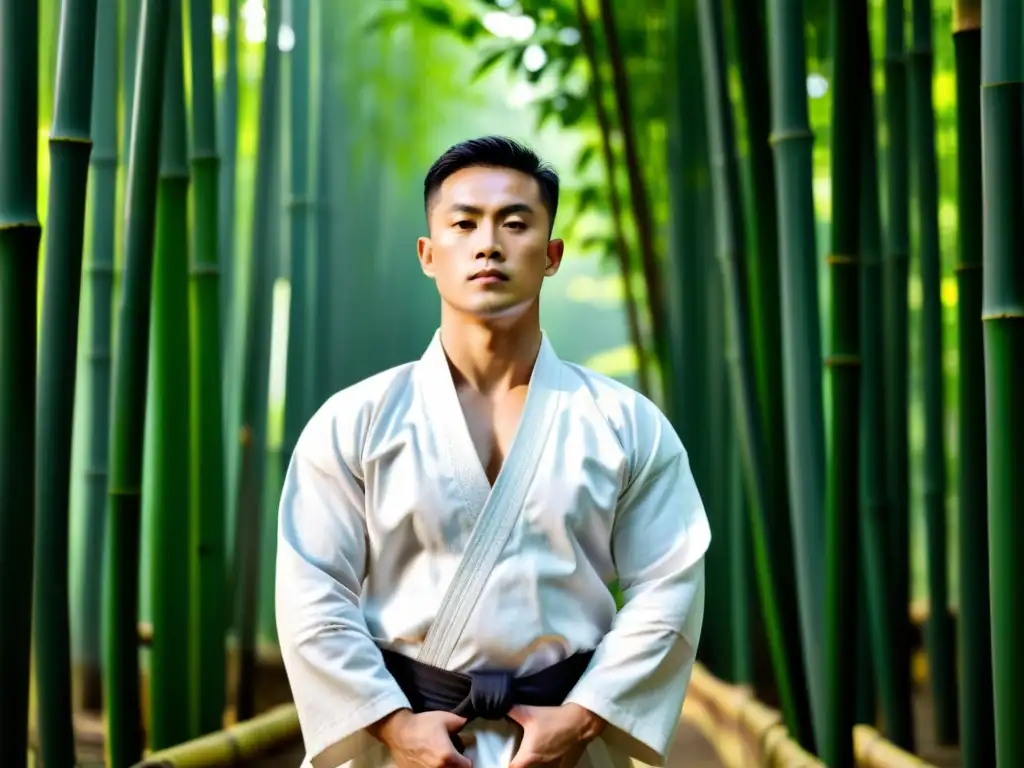 Un maestro de artes marciales en un gi blanco tradicional, practicando técnicas de respiración en un bosque de bambú