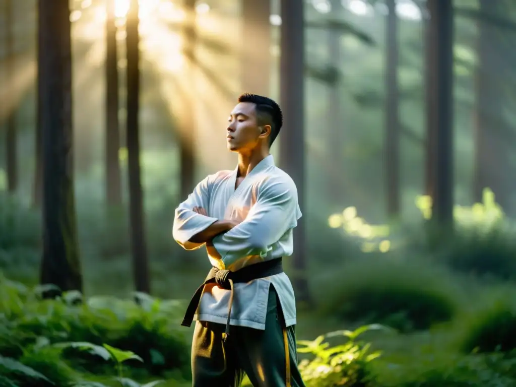 Maestro de artes marciales en el bosque al amanecer Maestro de artes marciales en bosque tranquilo al amanecer, dominando técnicas de respiración con serenidad y fuerza interior