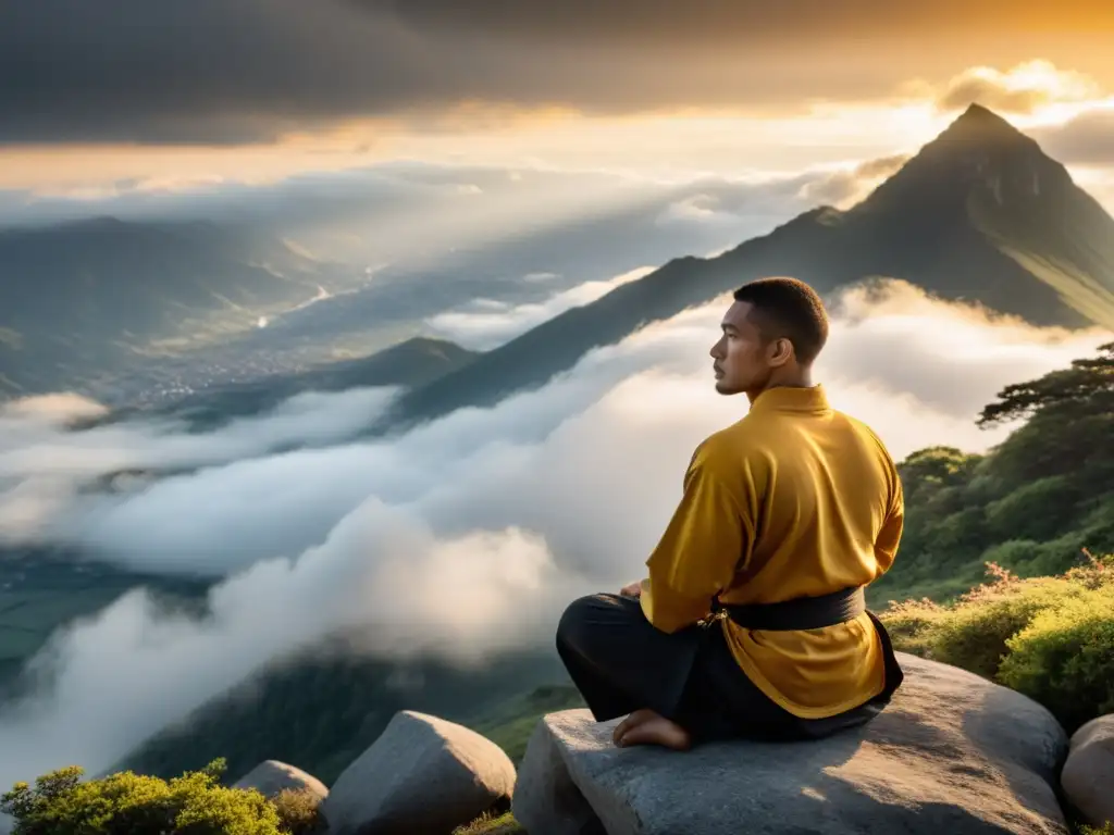 Maestro de artes marciales meditando en la cima de la montaña al amanecer, transmitiendo paz y concentración