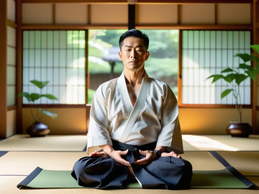 Maestro de artes marciales practica respiración consciente en un dojo japonés sereno y soleado