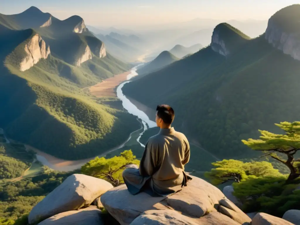 Maestro de artes marciales encuentra paz y control en la importancia de la respiración, en lo alto de un valle neblinoso al amanecer