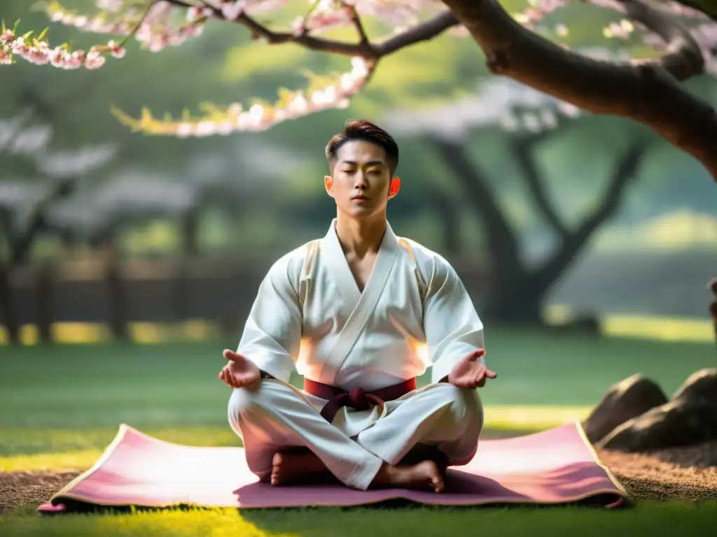 Un maestro de artes marciales practica Qigong en un jardín sereno, rodeado de árboles de cerezos