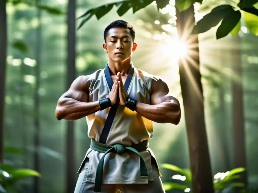 Un maestro de artes marciales practica la respiración consciente en un bosque tranquilo, irradiando fuerza y calma