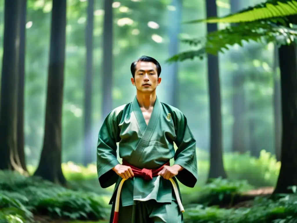 Maestro de artes marciales en el bosque: concentración y serenidad Un maestro de artes marciales en meditación, rodeado de naturaleza, practicando técnicas de respiración en artes marciales