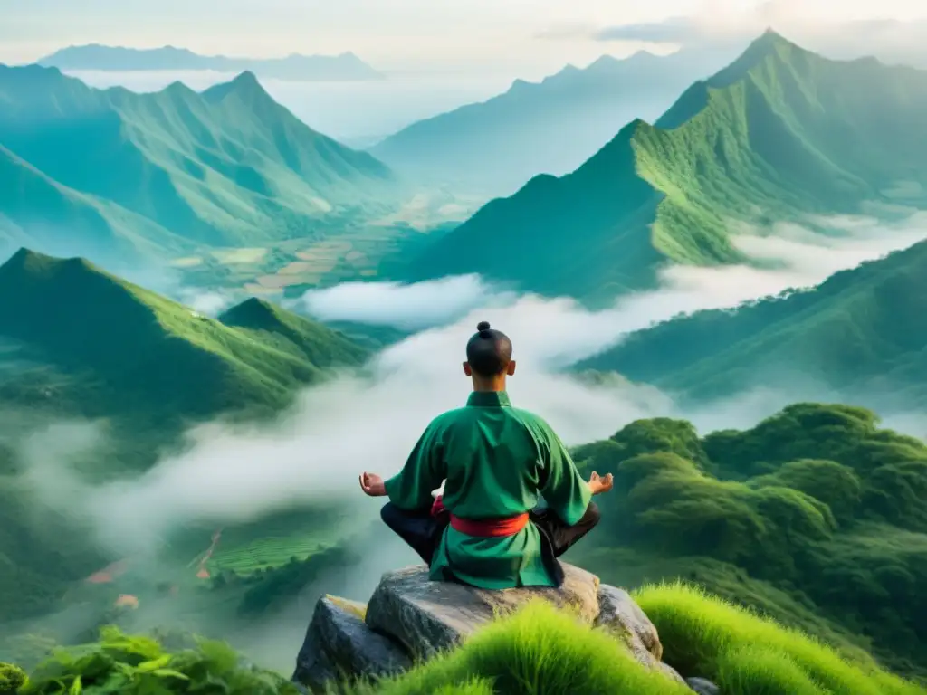 Un maestro de artes marciales en un sereno monte, practicando técnicas de respiración consciente