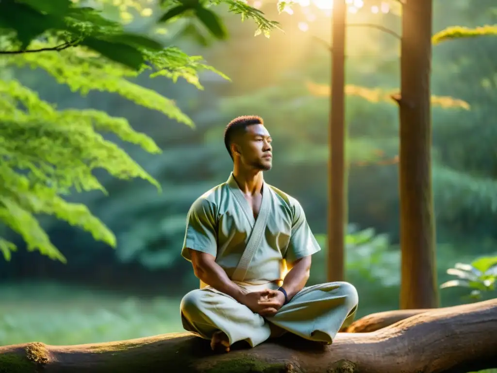 Un maestro de artes marciales practica técnicas de respiración en un tranquilo claro del bosque al atardecer, en conexión con la naturaleza