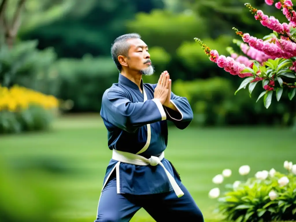 Un maestro de artes marciales practica técnicas de respiración Kung Fu en un jardín exuberante y tranquilo, irradiando fuerza interior y serenidad