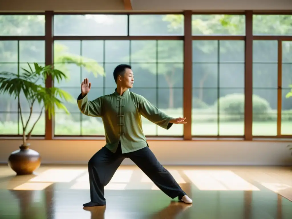 Un maestro de Tai Chi Chuan en un estudio moderno, demostrando una postura elegante