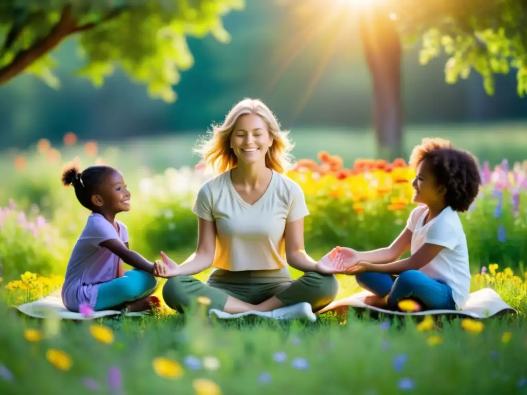 Clase de meditación al aire libre para niños Un maestro enseña técnicas de respiración a niños en un prado verde lleno de flores