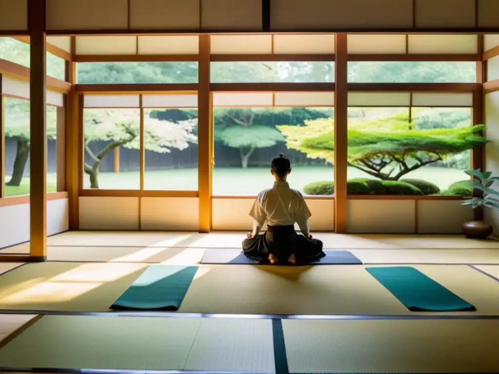 Maestro y estudiantes practicando respiración y meditación en un dojo moderno, mostrando la mejora del rendimiento con respiración en artes marciales