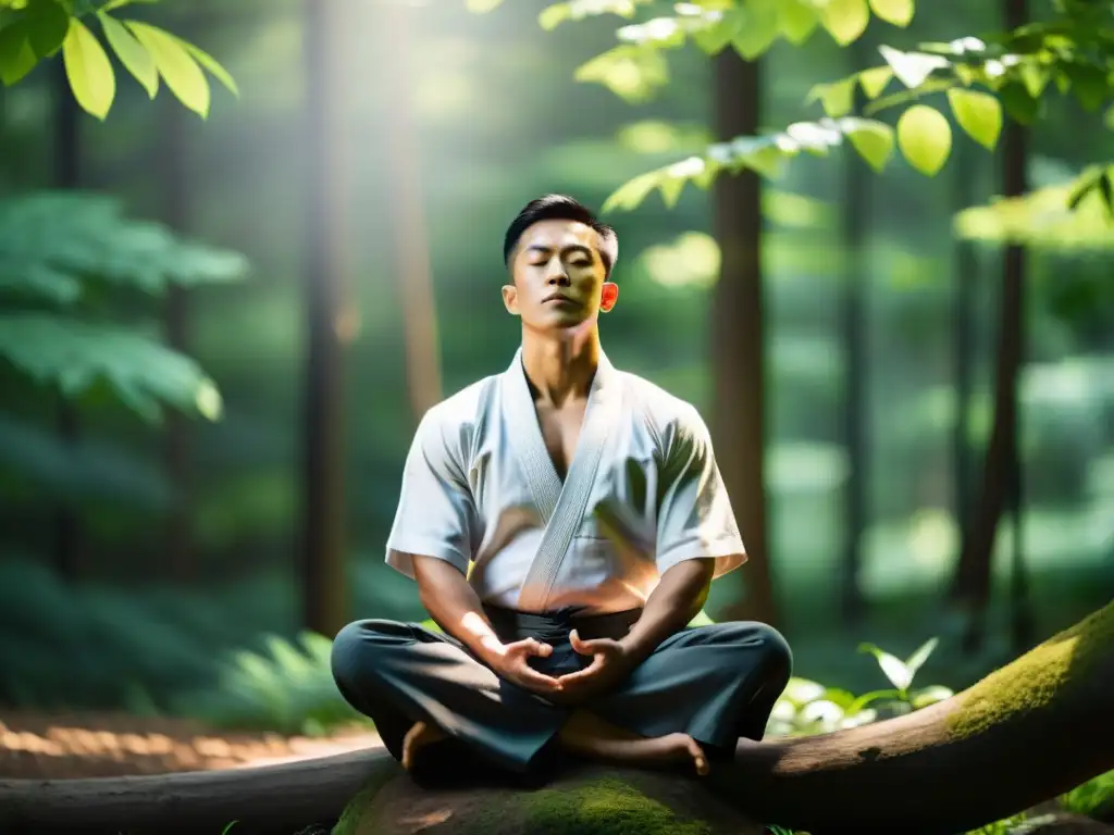 Un maestro experimentado de artes marciales medita en el bosque, manifestando calma y fuerza interior