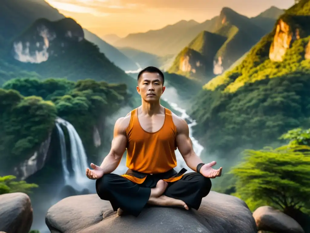 Un maestro experimentado de Kung Fu practica técnicas de respiración en un acantilado al atardecer, rodeado de naturaleza serena