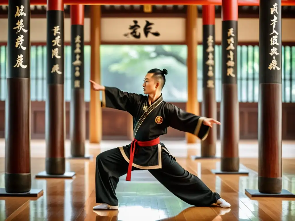 Maestro de Kung Fu muestra respiración y movimiento en tradicional sala de entrenamiento con pilares de madera y caligrafía china