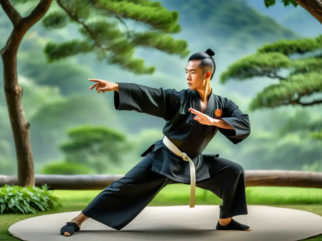 Un maestro de Kung Fu en uniforme tradicional realiza movimientos precisos, enfocándose en su respiración y concentración