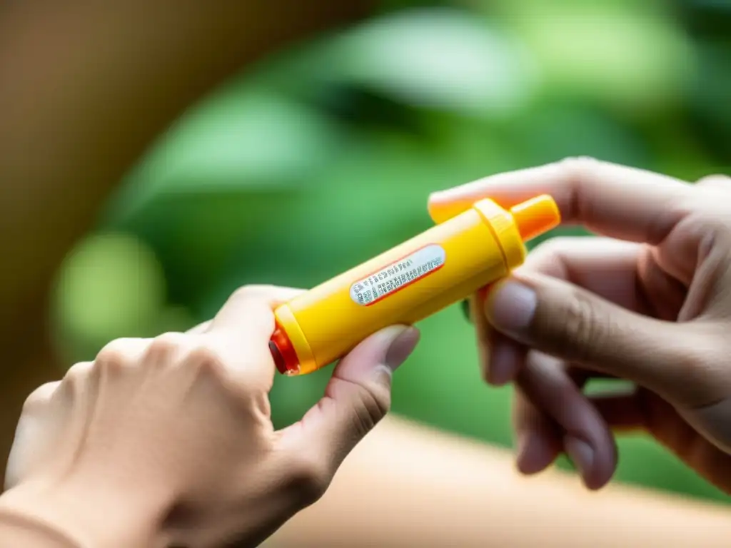 Manejo urgente de anafilaxia alérgica: Persona administra EpiPen con tensión y urgencia, enfocando la acción vital