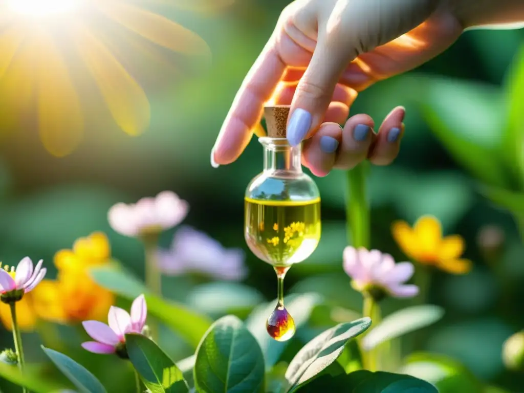 Mano sosteniendo frasco de Flores de Bach con gota brillante cayendo sobre flor, mostrando beneficios y belleza natural