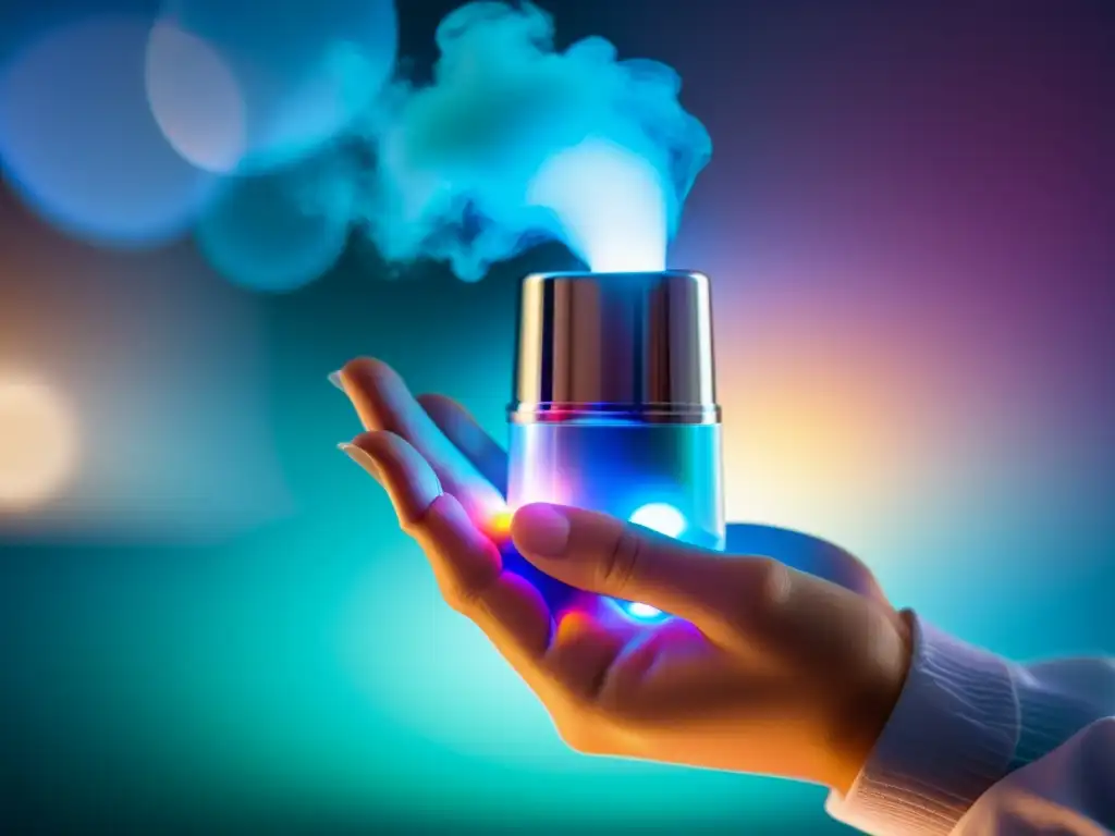 Una mano con guante médico sostiene un inhalador futurista, emitiendo vapor colorido