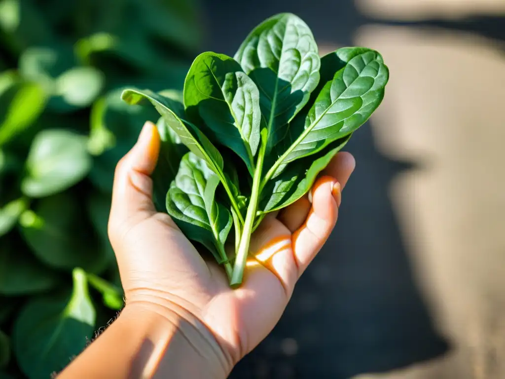 Mano sosteniendo hojas de espinaca fresca, destacando su color vibrante y textura natural