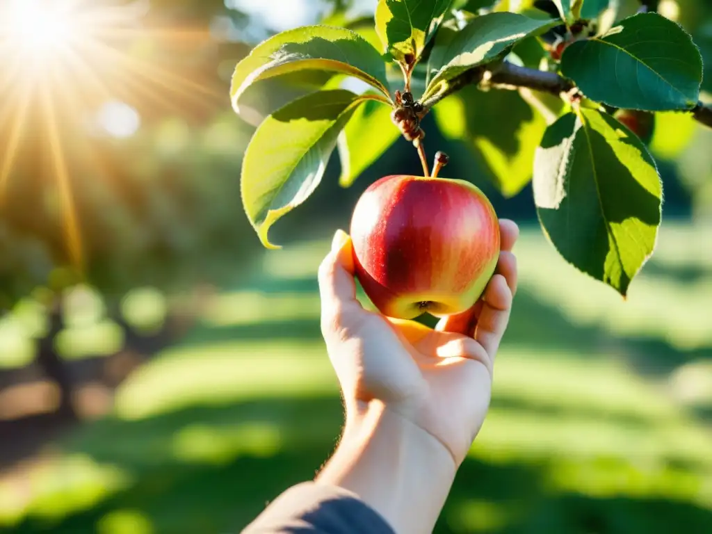 Mano sosteniendo manzana fresca con luz solar entre hojas de manzano