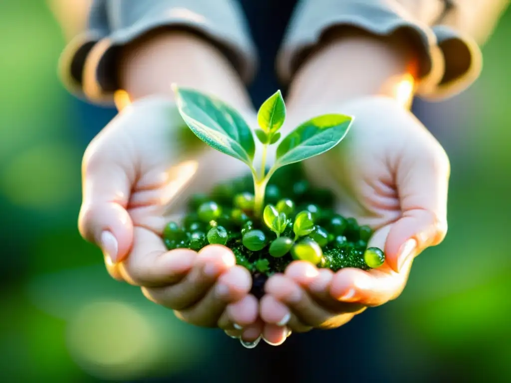 Manos sosteniendo brote verde con gotas de agua, evocando renovación y crecimiento