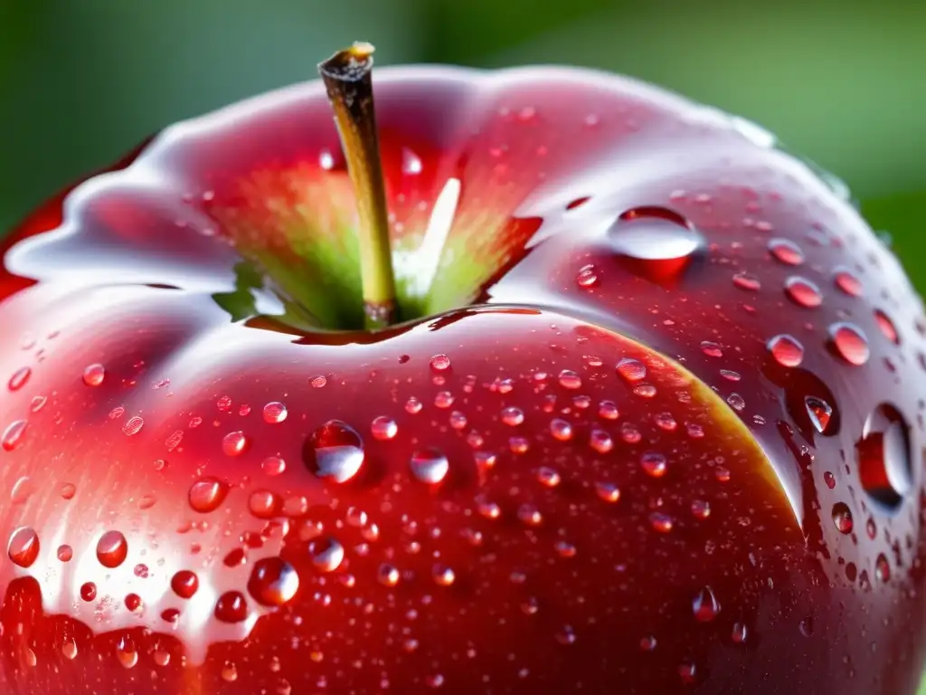 Una manzana roja fresca con gotas de rocío, iluminada suavemente