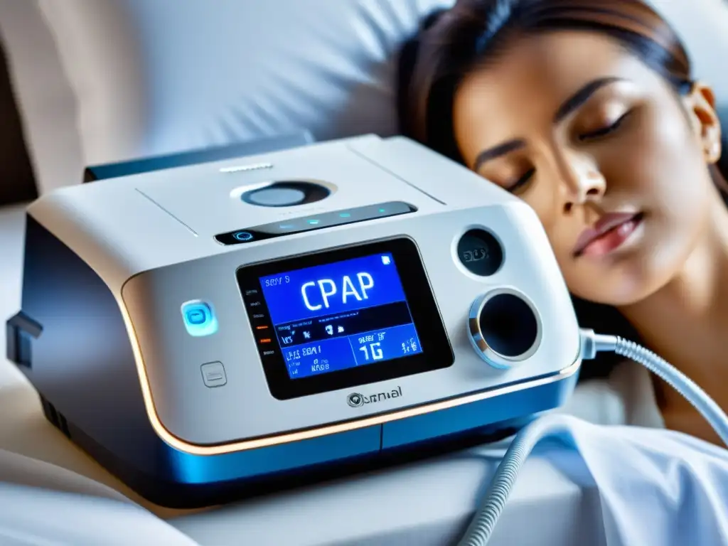 Una máquina CPAP moderna, con detalles metálicos y pantalla digital iluminada en azul